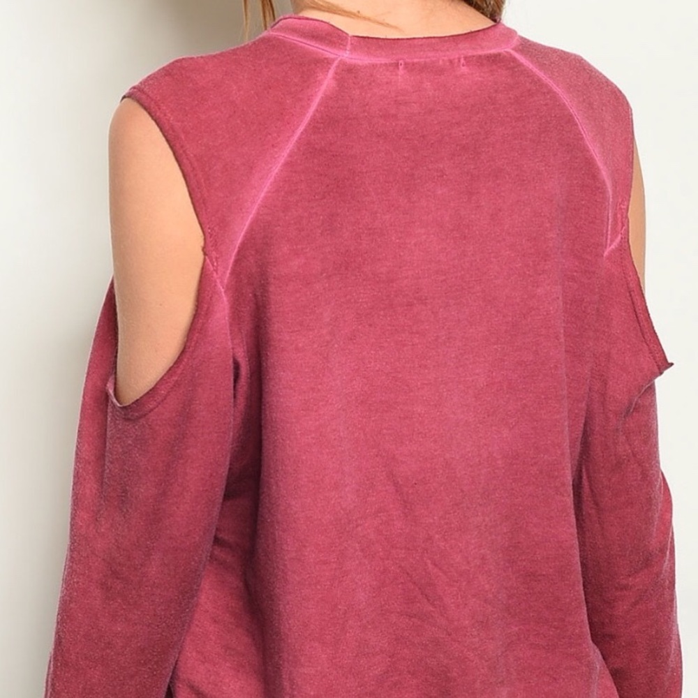 ❌DONATED❌Berry Burgundy Wash Cold Shoulder Long Sleeve Sweat Top - Picture 3 of 9
